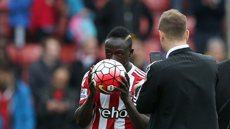 Southampton's Sadio Mane kisses the match ball after the final whistle in the Barclays Premier League match v Manchester City at St Mary's