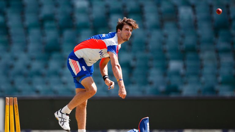 Steven Finn of England bowls