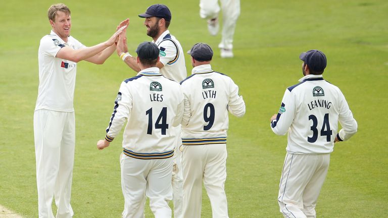 LEEDS, ENGLAND - MAY 30:  Yorkshire celebrate Steven Patterson's dismissal of Karl Brown of Lancashire during day two of the Specsavers County Championship