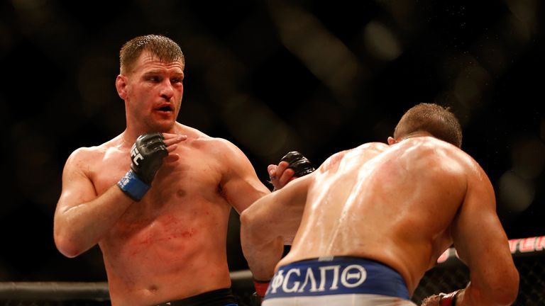 Stipe Miocic squares up with Junior dos Santos in their heavyweight bout during the UFC Fight Night event at the at U.S. 