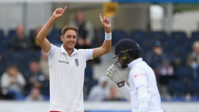 CHESTER-LE-STREET, ENGLAND - MAY 30:  England bowler Stuart Broad celebrates after dismissing Sri Lanka batsman Dinesh Chandimal during day four of the 2nd