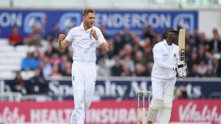 Stuart Broad of England celebrates dismissing Angelo Mathews of Sri Lanka during day three of the 1st Investec Test match at Headingley