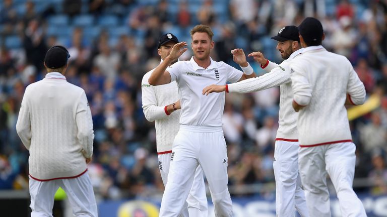 Stuart Broad celebrates after dismissing Dimuth Karunaratne