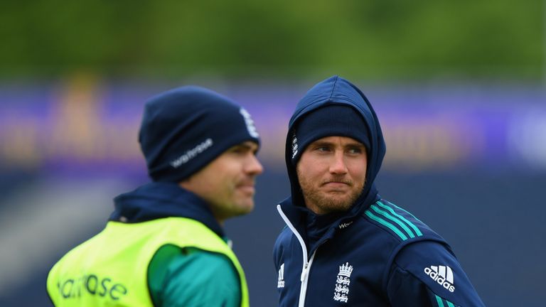 England bowlers Stuart Broad (left) and James Anderson wrap up during England nets session