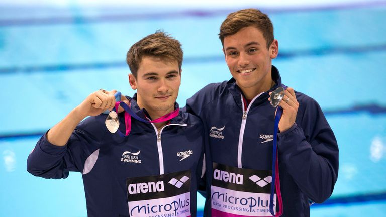 Great Britain's Tom Daley and Daniel Goodfellow pose with their silver medals