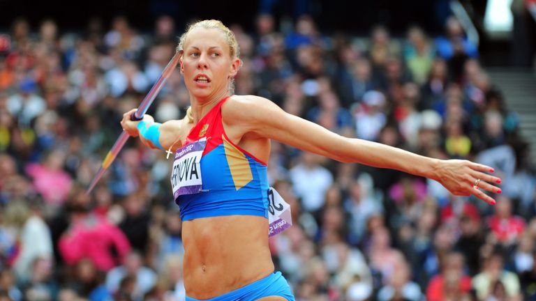 Tatyana Chernova of Russia competes in the Women's Heptathlon