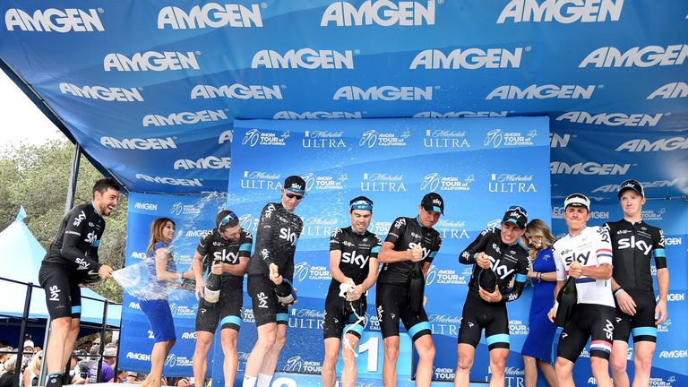PASADENA, CA - MAY 17:  Team Sky celebrate with champagne after winning the team general classification after stage eight of the 2015 Amgen Tour of Califor