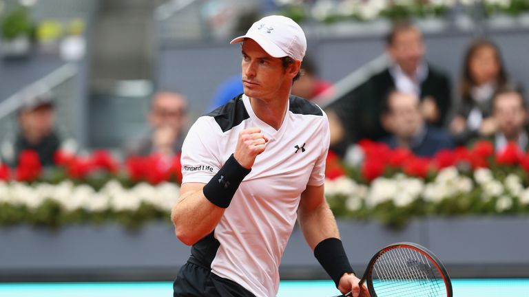 Andy Murray of Great Britain celebrates a point against Rafael Nadal of Spain in their Madrid Open semi-final