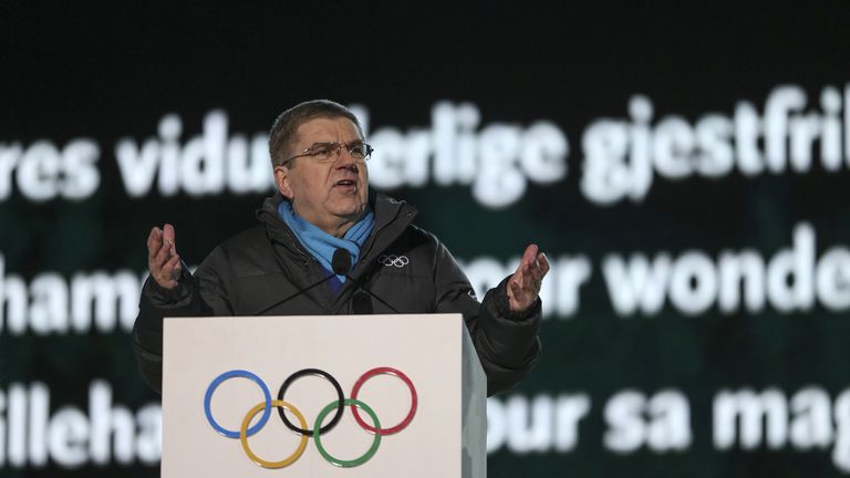 IOC President Thomas Bach delivers a speech