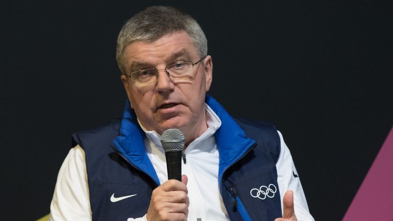 IOC President Thomas Bach speaks during a press conference