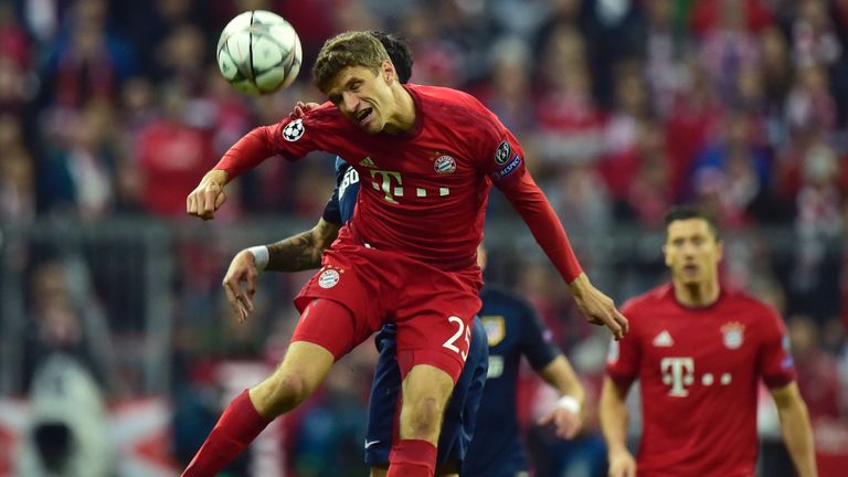 Bayern Munich's midfielder Thomas Mueller head the ball during the UEFA Champions League semi-final, second-leg 