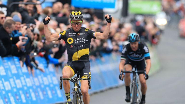 Pro-Team Direct Energie's Thomas Voeckler crosses the line to win stage three of the Tour de Yorkshire.