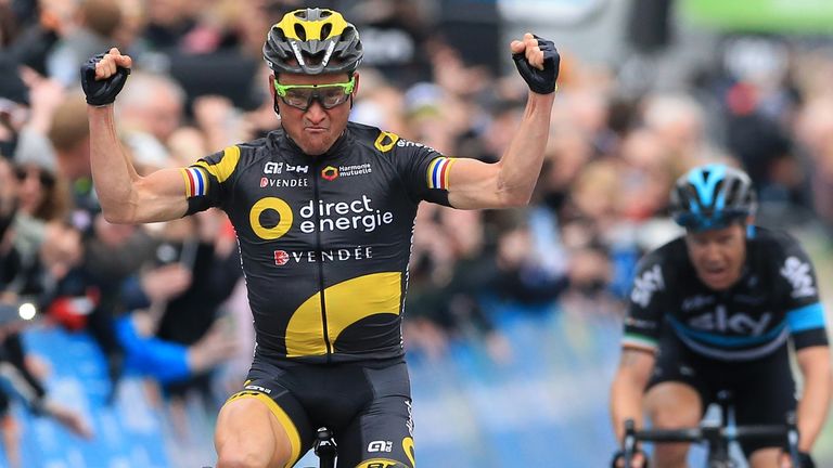 Thomas Voeckler crosses the line to win stage three of the Tour de Yorkshire ahead of Nicolas Roche