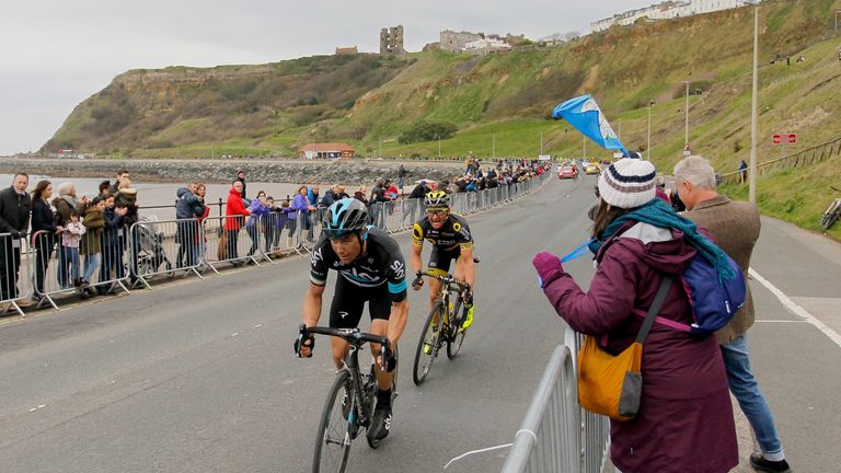 Thomas Voeckler hangs back behind Team Sky's Nicolas Roche before the sprint finish in Scarborough during stage three of the Tour de Yorkshire