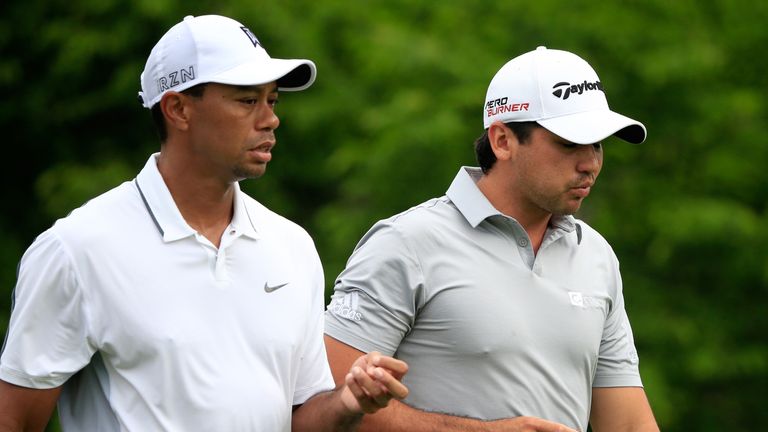Tiger Woods and Jason Day during the first round of The Memorial Tournament