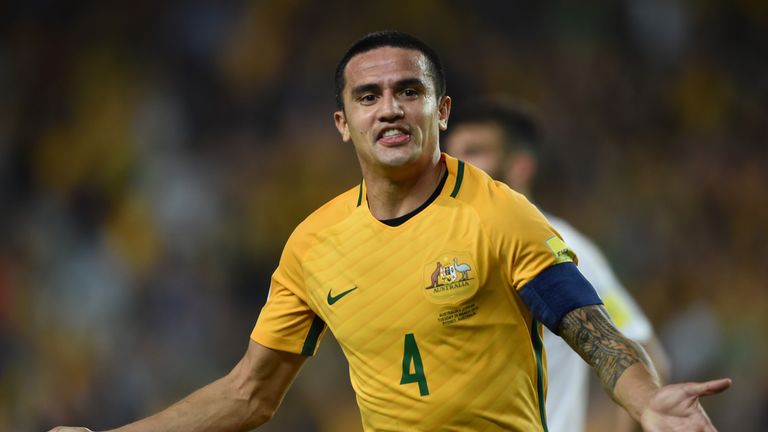 Tim Cahill of Australia celebrates scoring his second goal against Jordan during the World Cup Asian qualifier