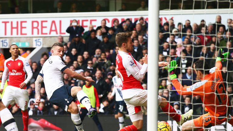 Toby Alderweireld scores in Tottenham's 2-2 draw with Arsenal in March