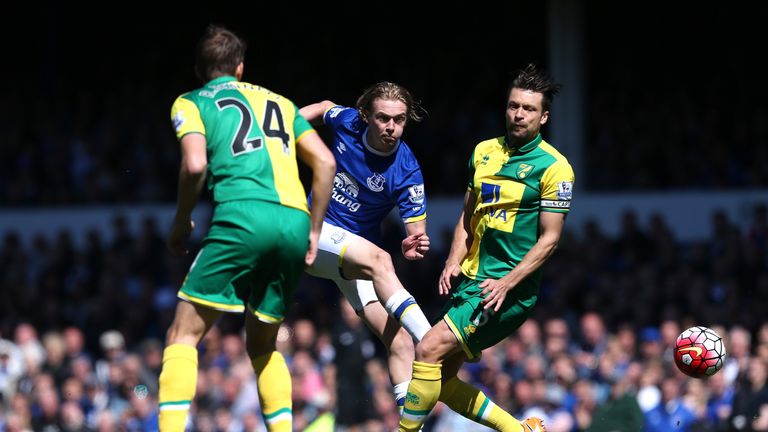 Tom Davies of Everton shoots past Russel Martin of Norwich City 