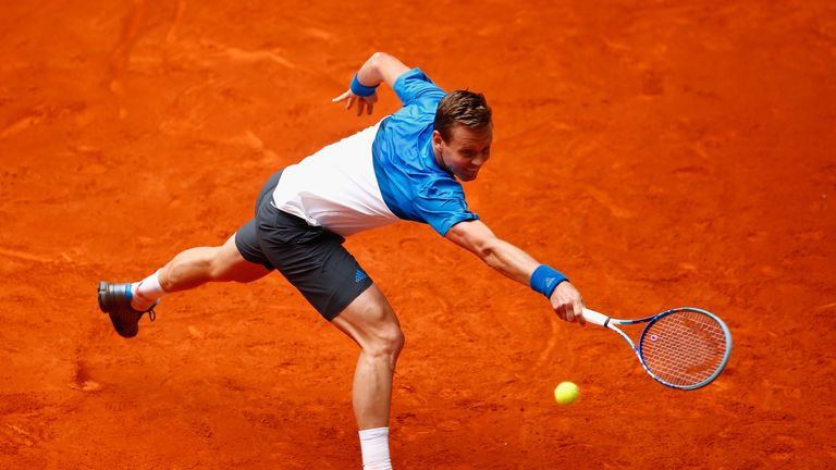Tomas Berdych of Czech Republic in action against David Ferrer of Spain during day six of the Mutua Madrid Open tennis tournament 