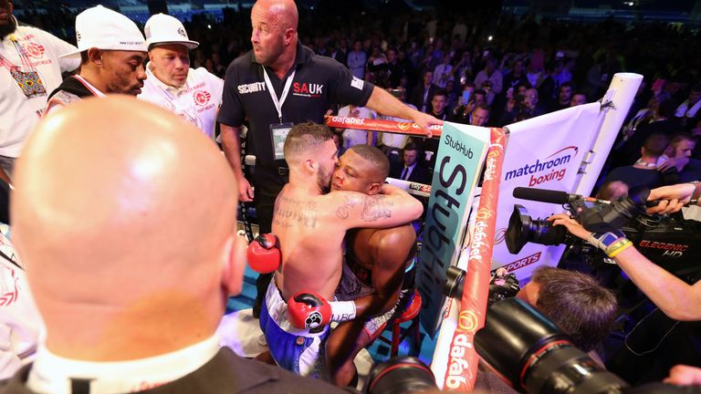 Tony Bellew (left) consoles Ilunga Makabu after beating him in their WBC Cruiserweight World Championship bout 