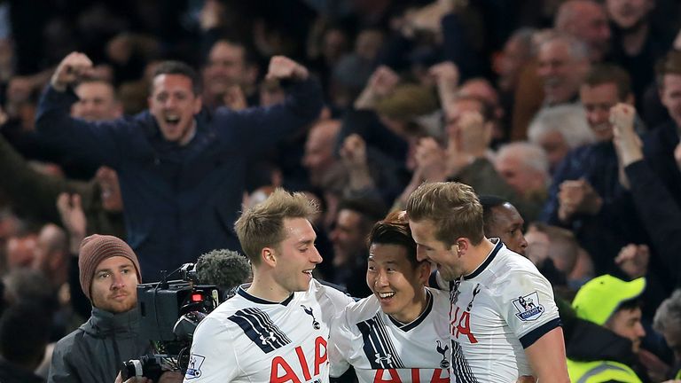 Tottenham Hotspur's Son Heung-Min (centre) celebrates with team-mates Christian Eriksen (left) and Harry Kane after scoring his side's second goal during t