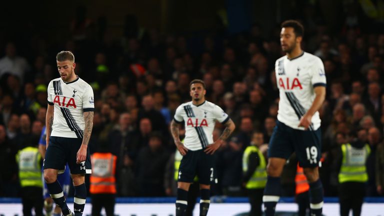 LONDON, ENGLAND - MAY 02:  Dejected Spurs players react after conceding a second goal during the Barclays Premier League match between Chelsea and Tottenha