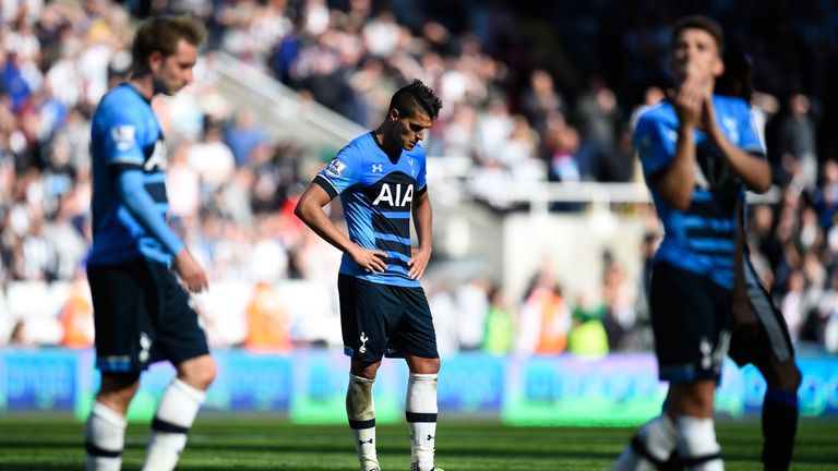 Erik Lamela of Tottenham Hotspur looks dejected after the Barclays Premier League match between Newcastle United and