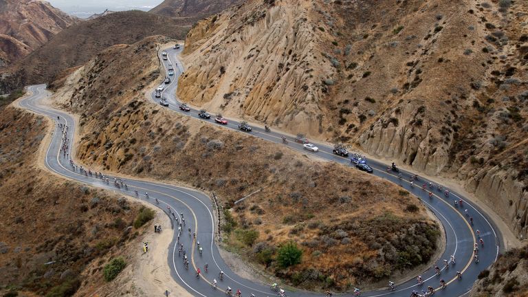 FILLMORE, CA - MAY 14:  The peloton descends Grimes Canyon Road during stage five of the 2015 Amgen Tour of California from Santa Barbara to Santa Clarita 