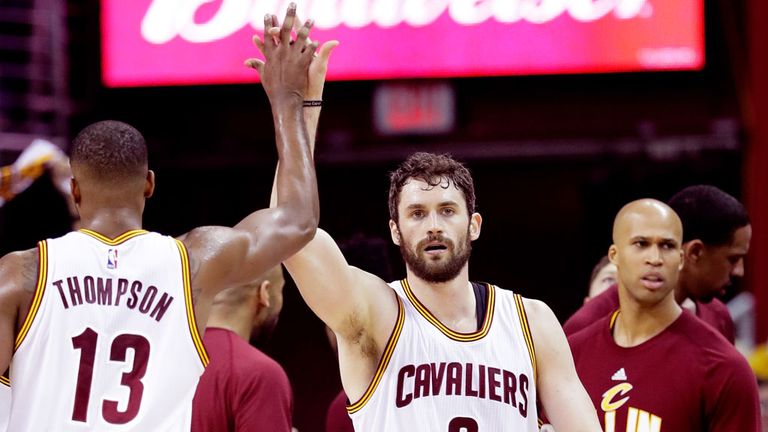Tristan Thompson and Kevin Love celebrate as Cleveland beat Toronto