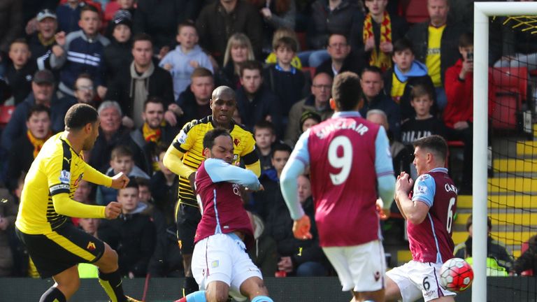 Troy Deeney (l) scores in Watford's last win, - a 3-2 victory over Aston Villa