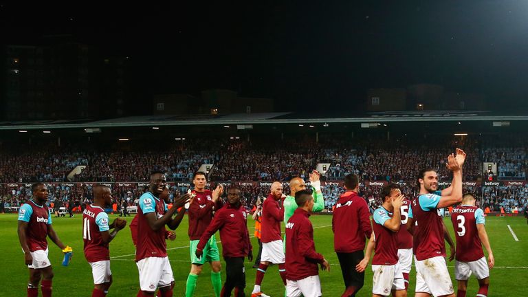West Ham players applaud the crowd after the Barclays Premier League match between West Ham United and Manchester United at the Boleyn Ground