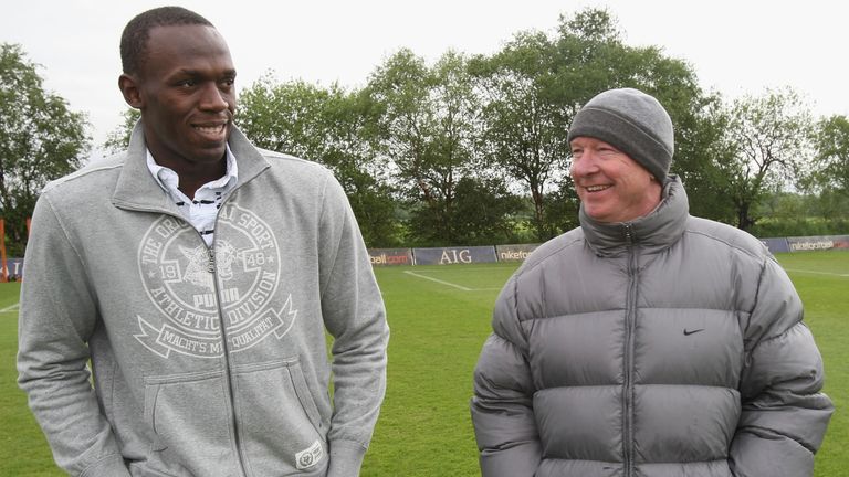 Usain Bolt on a previous visit to Manchester United training with former boss Sir Alex Ferguson 