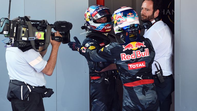 Red Bull team-mate Daniel Ricciardo congratulates Max Verstappen on his victory of the Spanish GP 