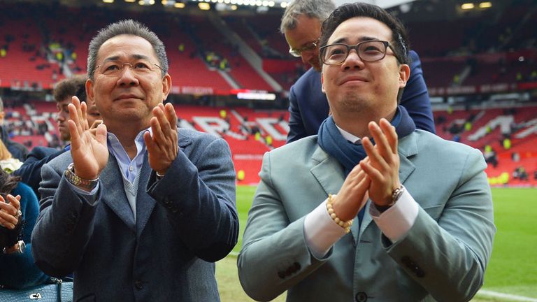 Leicester chairman Vichai Srivaddhanaprabha (l) and Aiyawatt Srivaddhanaprabha