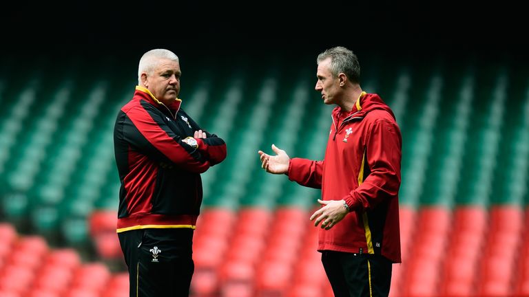 CARDIFF, WALES - MARCH 18:  Wales coaches Robert Howley (r) and Warren Gatland look on during Wales training ahead of their RBS Six Nations match against I