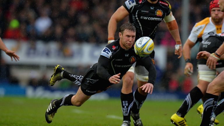 Will Chudley  of Exeter Chiefs passes the ball during the Aviva Premiership semi final match against Wasps