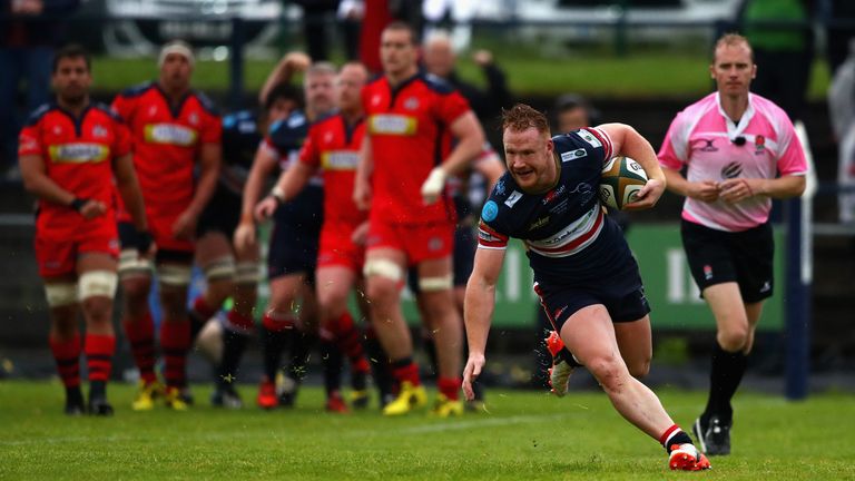 DONCASTER, ENGLAND - MAY 18:  William Hurrell of Doncaster Knights goes over to score a try during the Greene King IPA Championship play off final, first l