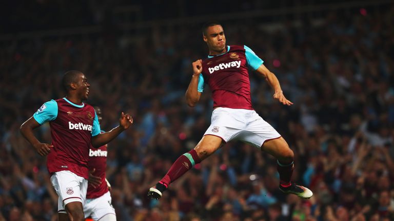 Winston Reid of West Ham United celebrates as he scores their third goal during the Barclays Premier League match between West Ham and Man Utd