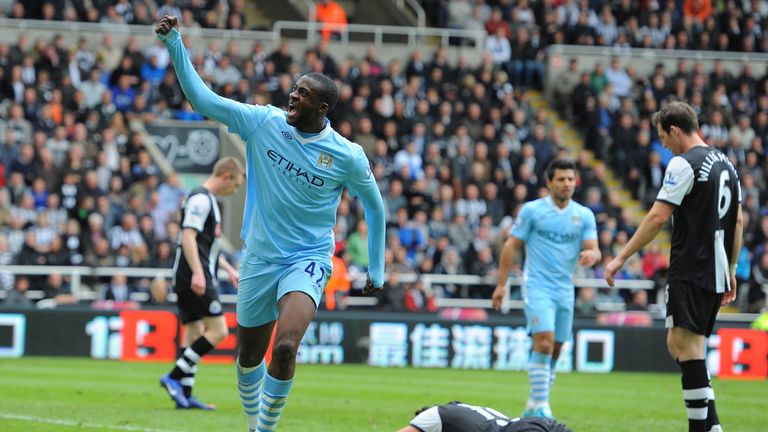 Manchester City's Yaya Toure celebrates after scoring their second goal against Newcastle at St James' Park in May 2012