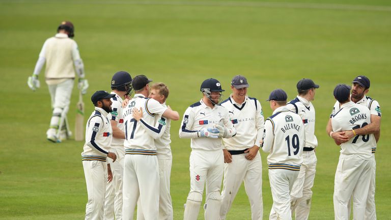  Yorkshire celebrate after Steve Davies of Surrey is dismissed by LBW
