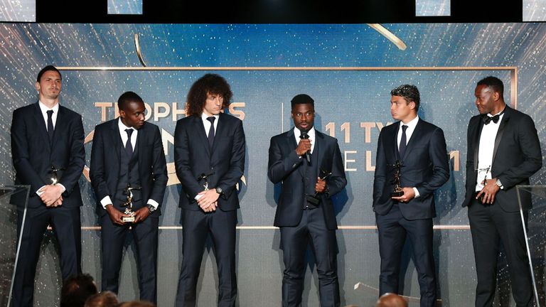 Serge Aurier speaks to the crowd alongside his fellow Team of the Year winners on Sunday night