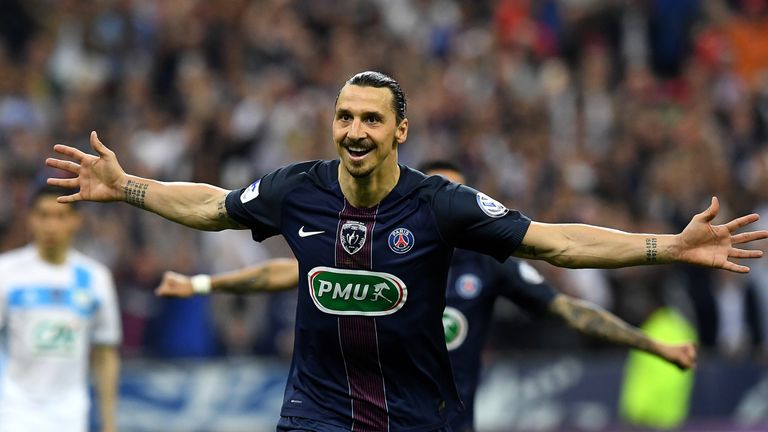 Zlatan Ibrahimovic celebrates during his final match for PSG