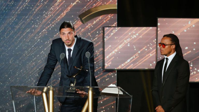 Paris-Saint-Germain's Swedish forward Zlatan Ibrahimovic receives the Ligue 1 Player of the Year award