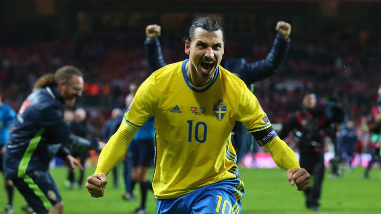 COPENHAGEN, DENMARK - NOVEMBER 17:  Zlatan Ibrahimovic of Sweden celebrates after the UEFA EURO 