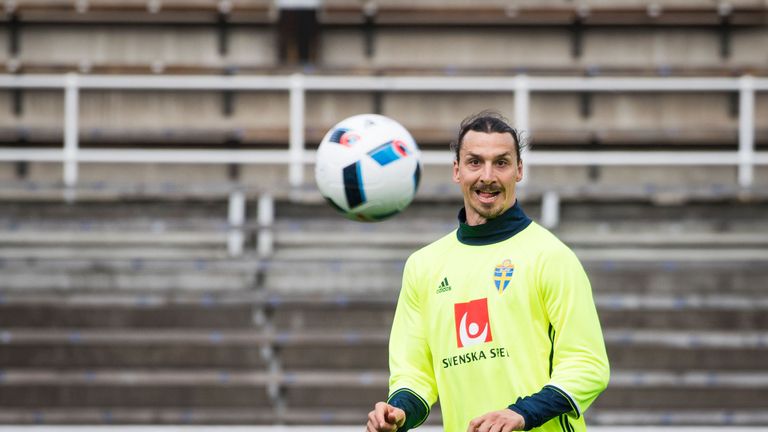 Sweden's national football team player forward and team captain Zlatan Ibrahimovic attends a training session at Stockholm Stadion on May 25, 2016. / AFP /