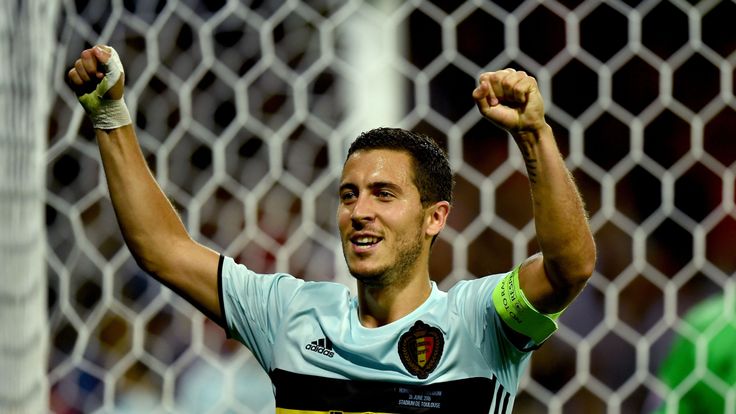 Eden Hazard of Belgium celebrates his team's second goal by Michy Batshuayi (not pictured) during the UEFA EURO 2016 round of 16 tie v Hungary