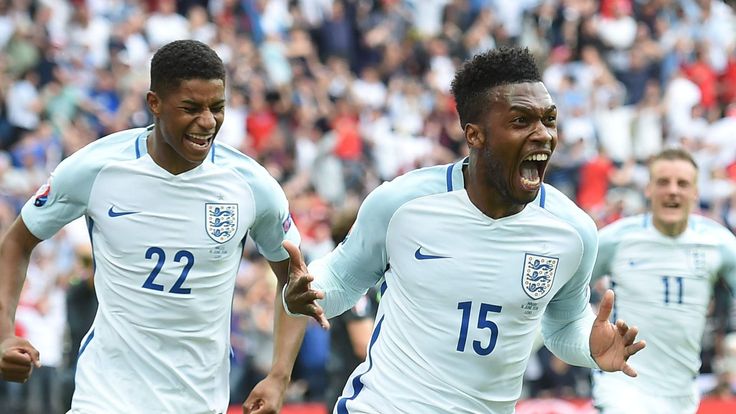 England's Daniel Sturridge celebrates scoring during the Euro 2016 group B match between England and Wales.