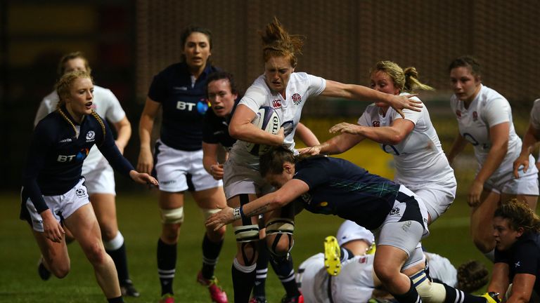 Jade Konkel  (right) made her Scotland debut off the bench against England in the Women's 6 Nations against England in February 2013 at Esher 