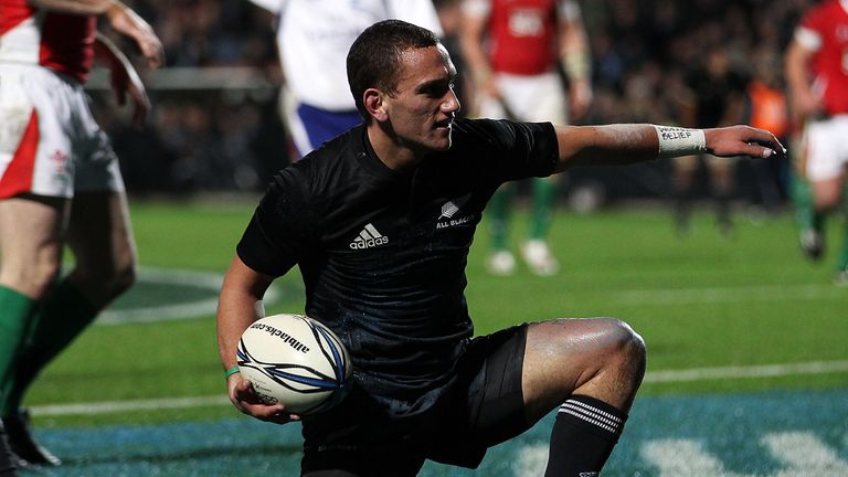 HAMILTON, NEW ZEALAND - JUNE 26:  Aaron Cruden celebrates of New Zealand after scoring during the test match between the New Zealand All Blacks and Wales a