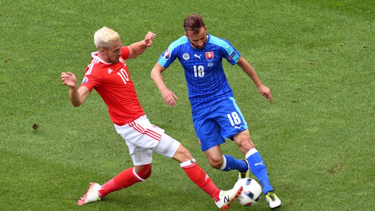 Wales' midfielder Aaron Ramsey (L) vies for the ball against Slovakia's midfielder Miroslav Stoch during the Euro 2016 group B football match between Wales